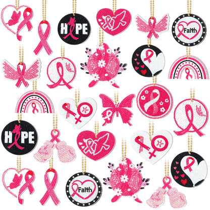 Estune 28 Pcs Breast Cancer Diamond Painting Keychains Pink Ribbon Diamond Art Key Chain Double Sided 5d DIY Painting Kits Keyring Pendant for Beginners Adults Women Gift
