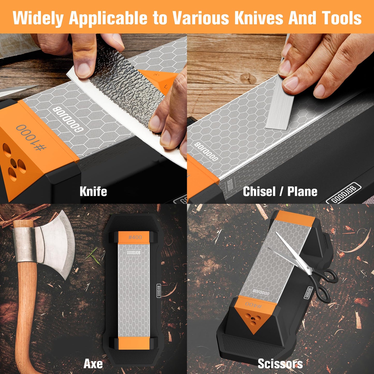 Extra Large Diamond Sharpening Stone Set 3 Side Grit 400/600/1000 Premium Industrial Diamond Knife Sharpener Suitable for Steel of any Hardness with Angle Guide and Non-Slip Base (GB-3DL)