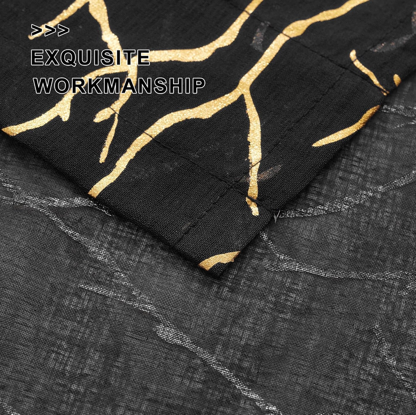 FINECITY Black Gold Sheer Curtains, Metallic Gold Foil Tree Branch, 63 Inch Length, Set of 2