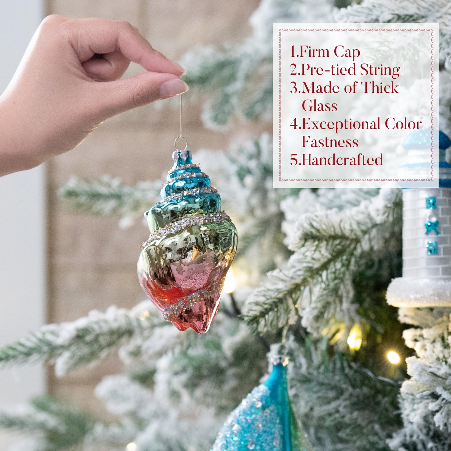 Valery Madelyn Glass Christmas Ornaments Set, 4ct Light Blue and Silver Blown Glass Christmas Tree Decorations, Summer Beach Coastal Ocean Nautical Marine Xmas Hanging Finial Balls Bulk Holiday Decor