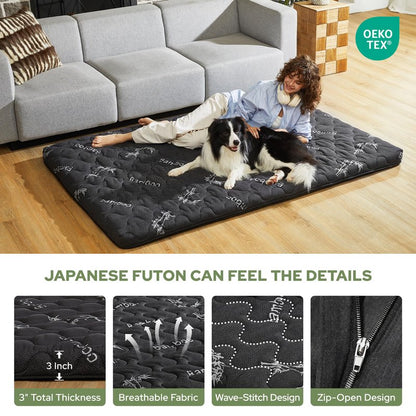 Japanese Floor Mattress Futon Mattress Queen Size Viscose Derived from Bamboo, 3" Thick Tatami Mat with High Density Foam, Foldable & Portable Floor Lounger Bed, Roll Up Sleeping Pad, Guest Room