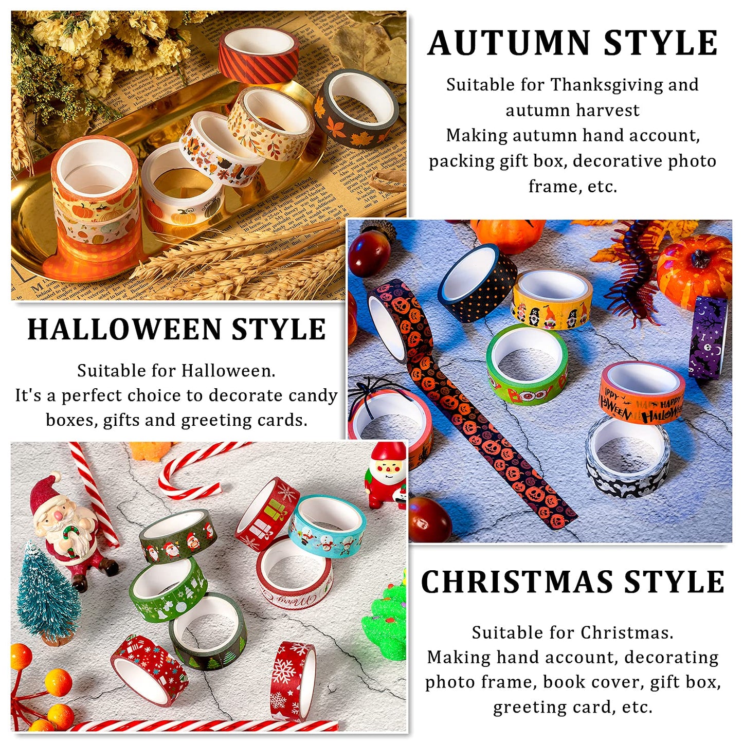 Whaline 24 Rolls Fall Halloween Christmas Washi Tape 3 Holidays Masking Tape Leaves Pumpkin Ghost Snowflake Santa Decorative Tapes for Thanksgiving Autumn Winter Xmas Scrapbook Journal DIY Art Craft