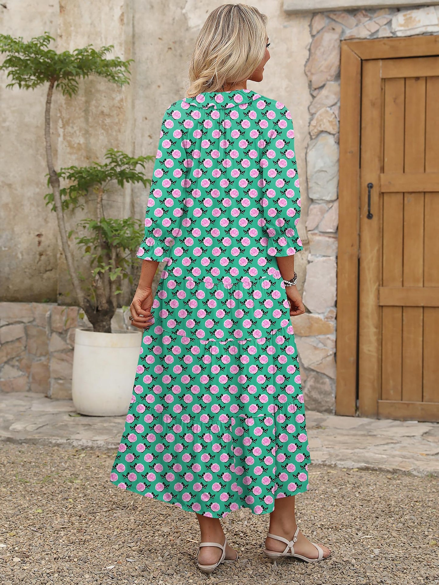 ANRABESS Women's Boho Maxi Dresses 2025 Summer Casual V Neck Puff Sleeve Floral Tiered Flowy Swing Beach Vacation Long Dress