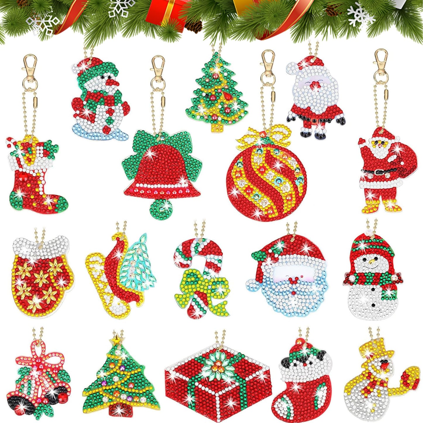 MUNORIAY 17 Pieces Double Sided Diamond Art Christmas Ornaments Christmas Keychains Diamond Art Kit for Adult DIY 5d Painting Round Drill Key Chain Xmas Crystal Arts Craft Keychain Supplies