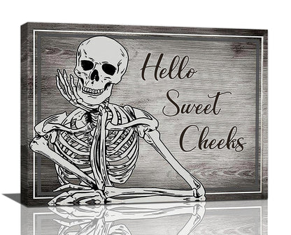 Bathroom Decor Wall Art Halloween Skeleton Canvas Prints Painting Gothic Skull Bathroom Pictures Framed Funny Weird Artwork for Toilet Restroom Washroom 16"x12"