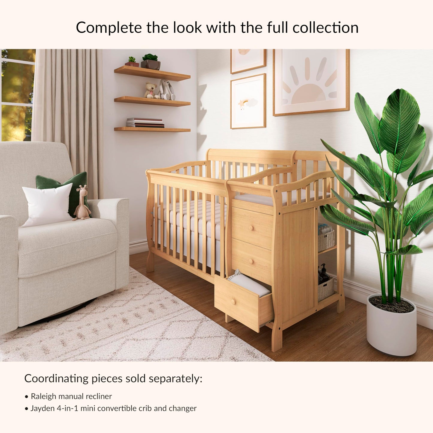 Dream On Me Jayden 4‑in‑1 Mini Convertible Baby Crib & Changer with Storage in Natural, Pinewood, GreenGuard Gold & BSA, 1” Mattress Pad, 3 Mattress Heights, Converts to Mini Day & Twin-Size Bed