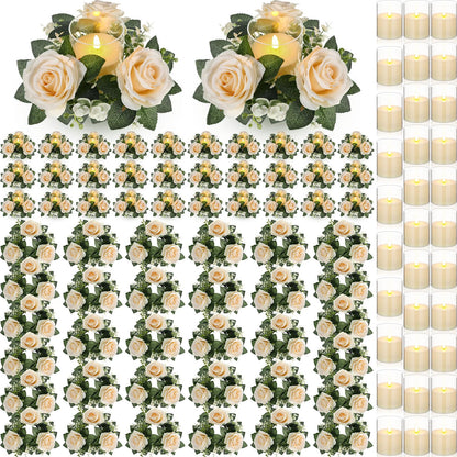 Yunlly 32 Pcs Rose Candle Rings with Flameless Candles Sets, Artificial Flower Eucalyptus Wedding Centerpiece 3 Inch Pillar Candleholders Wreaths for Wedding Party Mother's Day (Champagne)