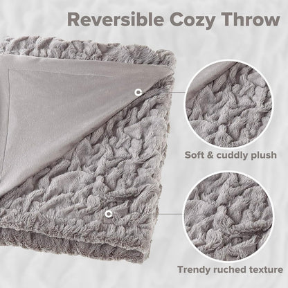 Set 2 50"x 60" Comfort Spaces Ruched Faux Fur Plush Throw Blanket and Pillow with Matching Square Pillow Covers Sofa
