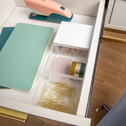 Martha Stewart Brody Plastic Storage Organizer Bins with Engineered Wood Lid, 3 Pack Small (3.75" x 3", Clear/White)