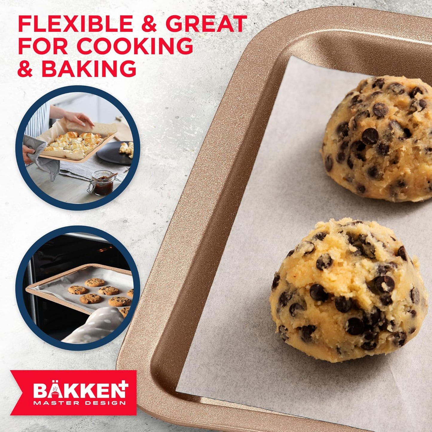 BAKKEN 3-Piece Nonstick Baking Pan Set - Small, Medium & Large Oven Safe Trays, Space-Saving Design, Brown