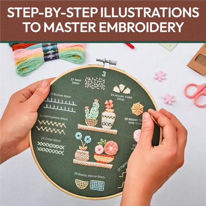 Craftwiz 4-Piece Starter Embroidery Kit for Beginners with Simple Patterns, Learn to Embroider 31 Stitches with Hand Embroidery Kit