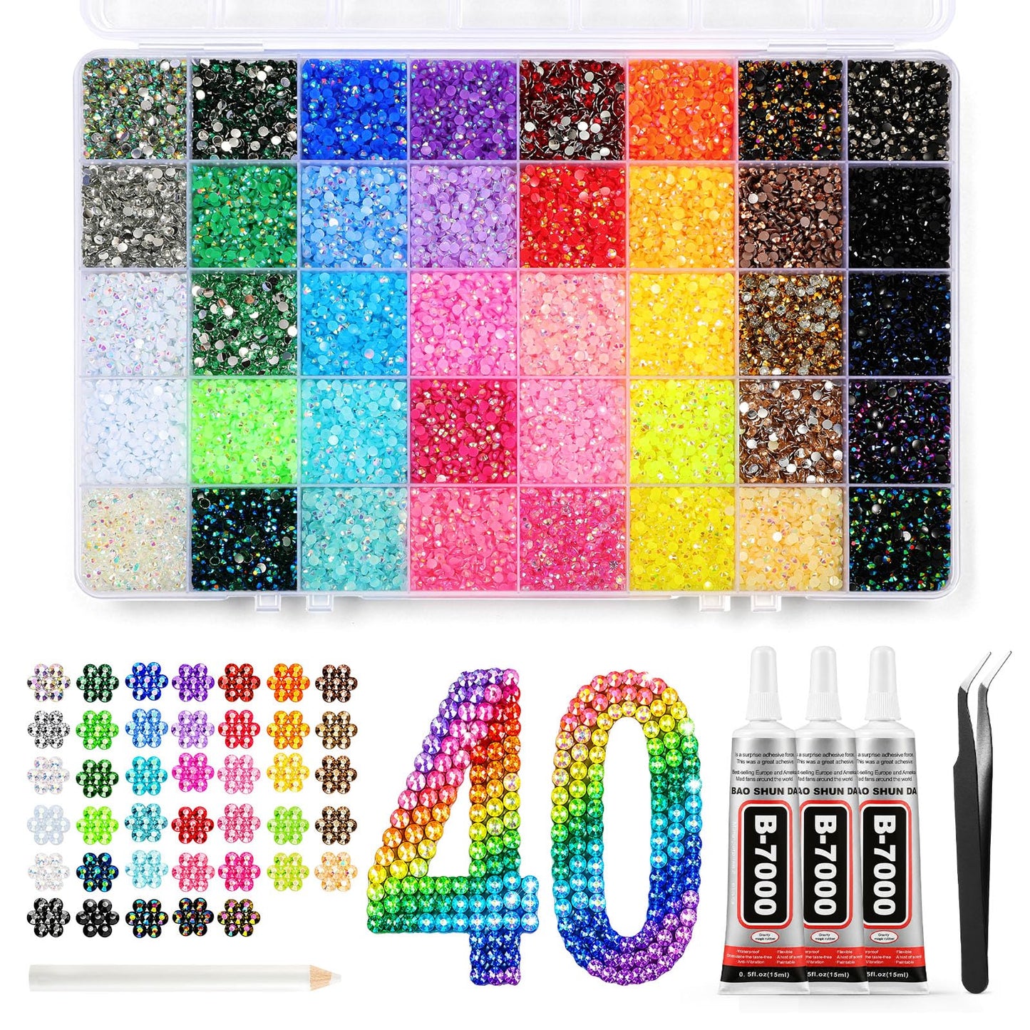 40000 Pcs Resin Jelly Rhinestones for Bedazzling Kit, 40 Colors 3mm Flatback Rhinestones with 3 Pcs B7000 Jewelry Glue & Tools, Bedazzler Kit for Clothes Book Shoes DIY Nails & Art Makeup