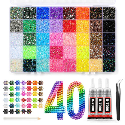 40000 Pcs Resin Jelly Rhinestones for Bedazzling Kit, 40 Colors 3mm Flatback Rhinestones with 3 Pcs B7000 Jewelry Glue & Tools, Bedazzler Kit for Clothes Book Shoes DIY Nails & Art Makeup