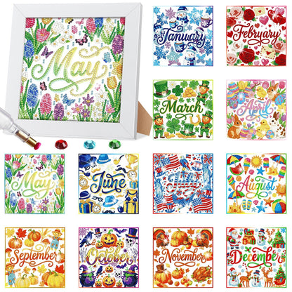 Trandraft 13 Pcs Interchangeable Holiday Diamond Art Kits for Adults 5D Framed Seasonal DIY Diamond Paint with Full Drill Gems for Beginner Monthly Table Craft Gift Decor (Cute Style)