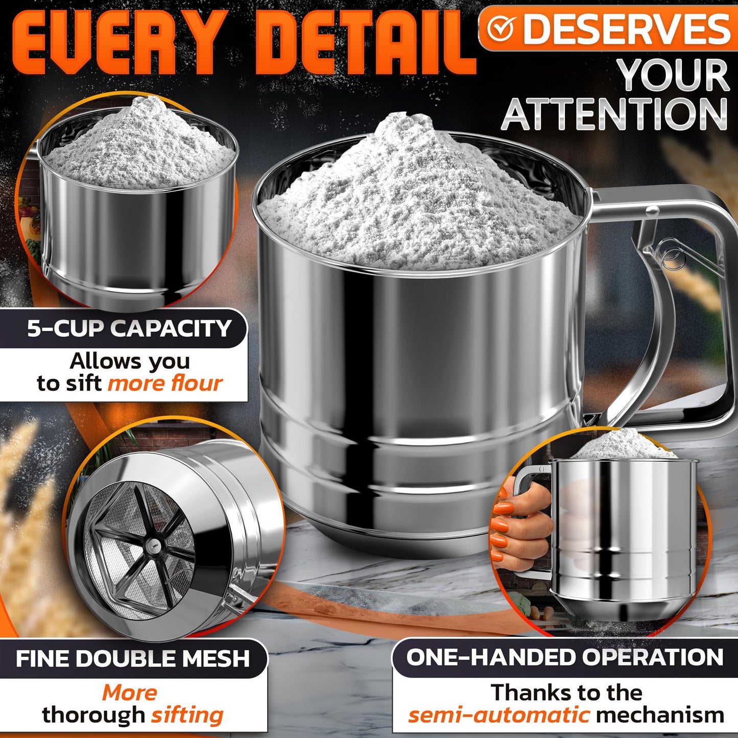 5 Cup Flour Sifter for Baking – Large Capacity Flour Sifter Stainless Steel with Double Mesh, Easy One-Hand Use & Dishwasher Safe – Baking Tools for Sifting Powdered Sugar, Cocoa & Cookies Decoration