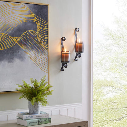 Danya B. 14.5" Vintage Black Wall Sconce Candle Holder Set of 2 with Smoke Glass Hurricanes and Iron Metal Frames, Rustic Style, for Standard Pillar or Flame-Less LED Candles