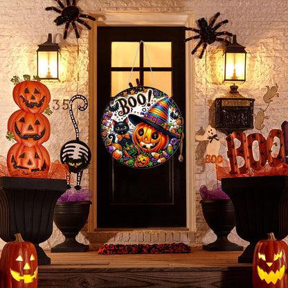 DIY Halloween Acrylic Diamond Art Painting Wreath Kits Special Shaped Rhinestone 5D Diamond Art Window Pendants Home Garden Wall Hanging Kits Hanging Ornament (Pumpkin and Cat)
