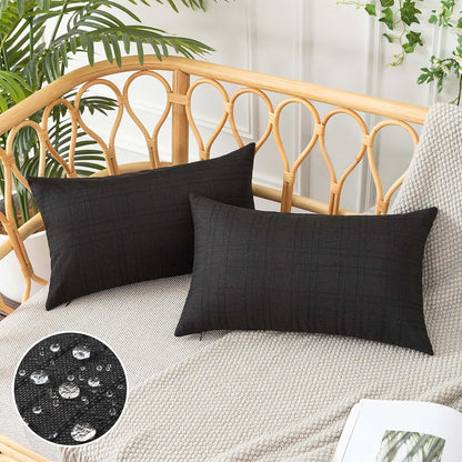 UGASA Outdoor Throw Pillow Covers - Waterproof Plaid Texture | Set of 2, 12x20 Inch, Black for Patio & Garden