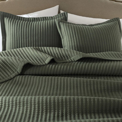 WDCOZY Olive Green Queen Size Quilt Set, Striped Pick Stitch Lightweight Bedspread, Soft Channel Farmhouse Rustic Coverlet, Spring Summer Thin Comforter, Country Bedding, 90x90 inches