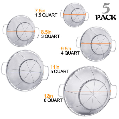 5 Pack 18/8 Stainless Steel Colander Sieves, Multi Size Mesh Strainer Net Baskets with Handles & Resting Base for Strain, Drain, Rinse or Steam