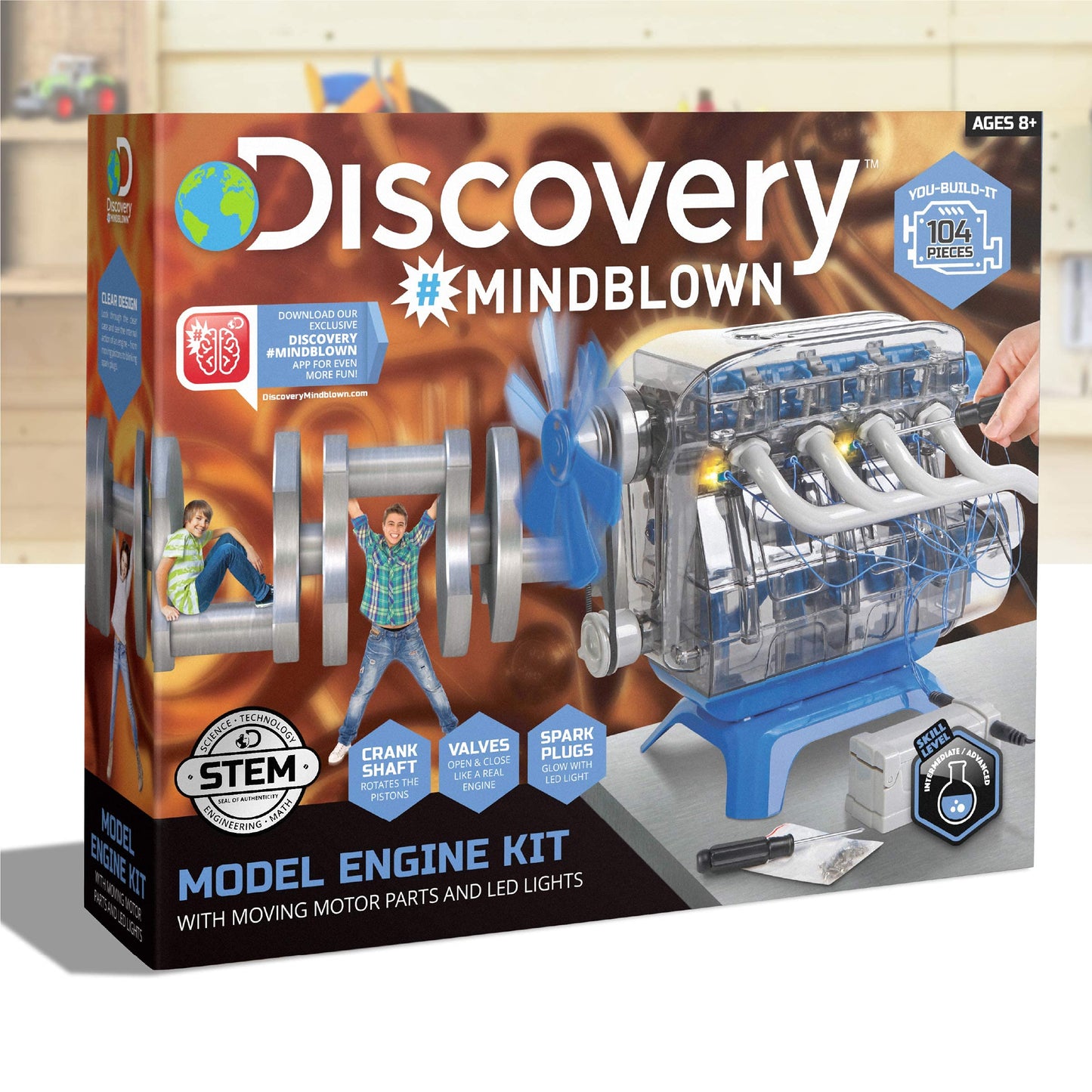 Discovery Model Engine Building Kit, DIY 4-Cylinder Combustion Engine, Working Pistons Fan Valves Belts LED Lights, STEM Mechanic Engineering Construction Experiment Set, Kids & Adults Gift