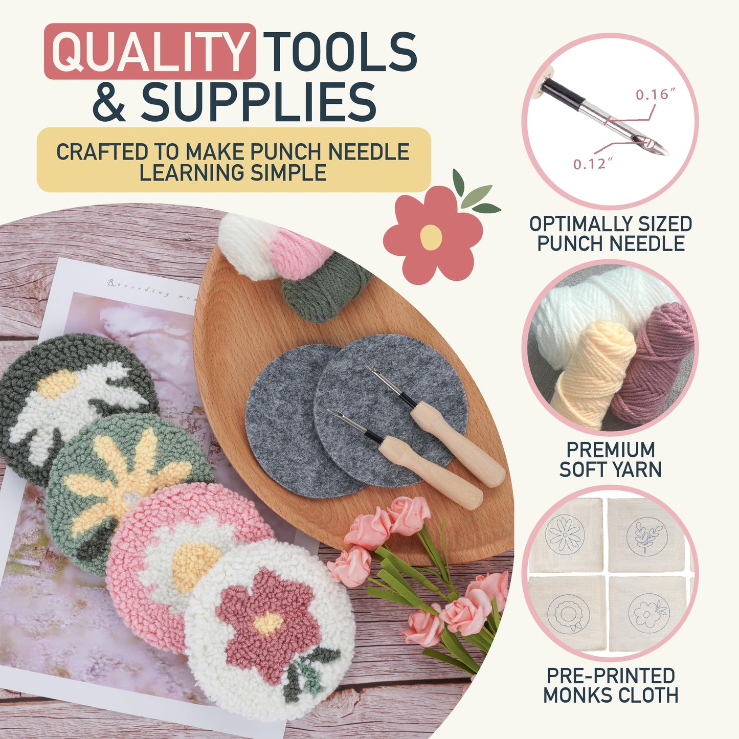Emri Lane Punch Needle Kit – 6 Floral Design Punch Needle Embroidery Kit w/Monk Cloth, Embroidery Hoop, Yarn & More - Essential Punch Needle Supplies for Crafters - Ideal Punch Art for Beginners