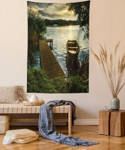 Lunarable Seascape Tapestry Twin Size, Boat at Lake Shore Wooden Pier Sunset Sunbeams Romantic Evening, Wall Hanging Bedspread Bed Cover Wall Decor, Twin Size, Green Yellow