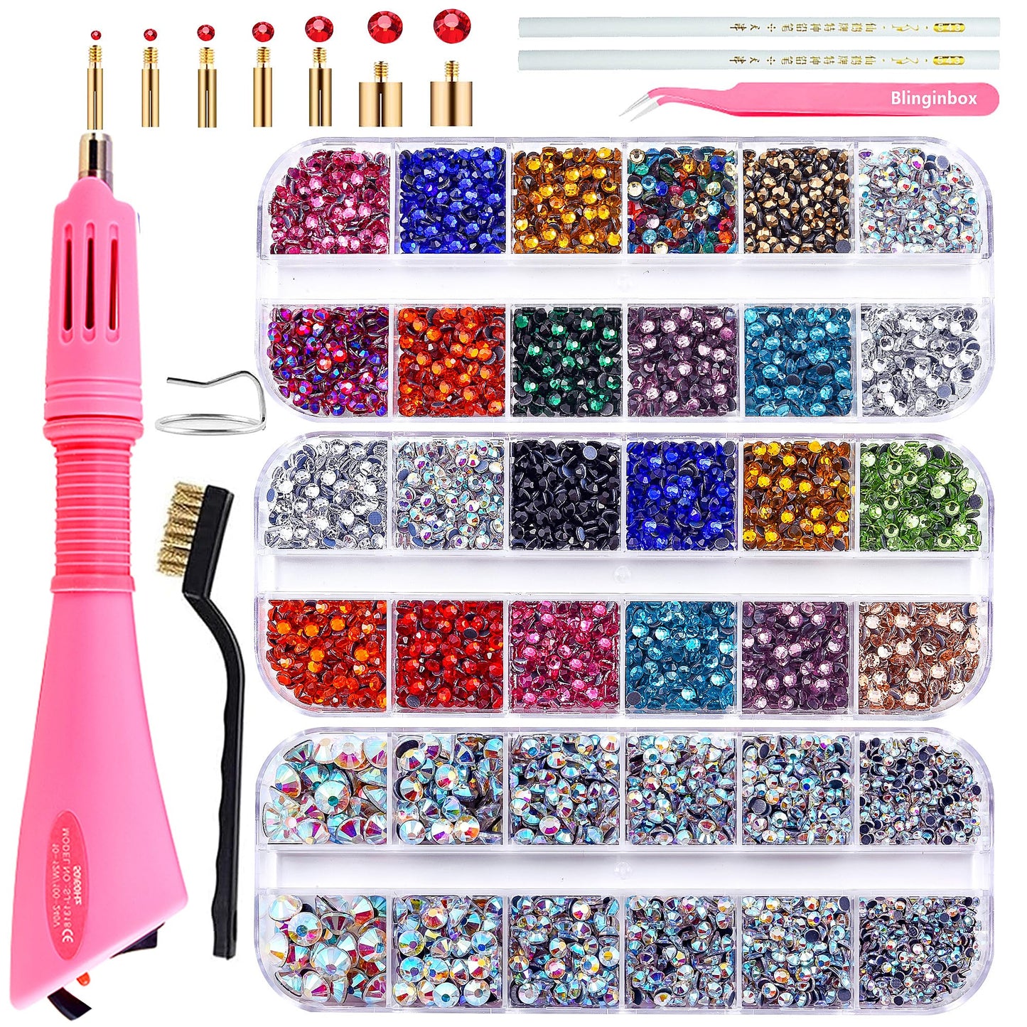 blinginbox Hotfix Applicator DIY Crafts Hot Fix Rhinestone Setter Hot Fixed Wand Kit 6000 Pcs Gems Picker Brush Bag Various Tips Bedazzler Kit with Crystal Bedazzling Set Heat Gun for Crafts