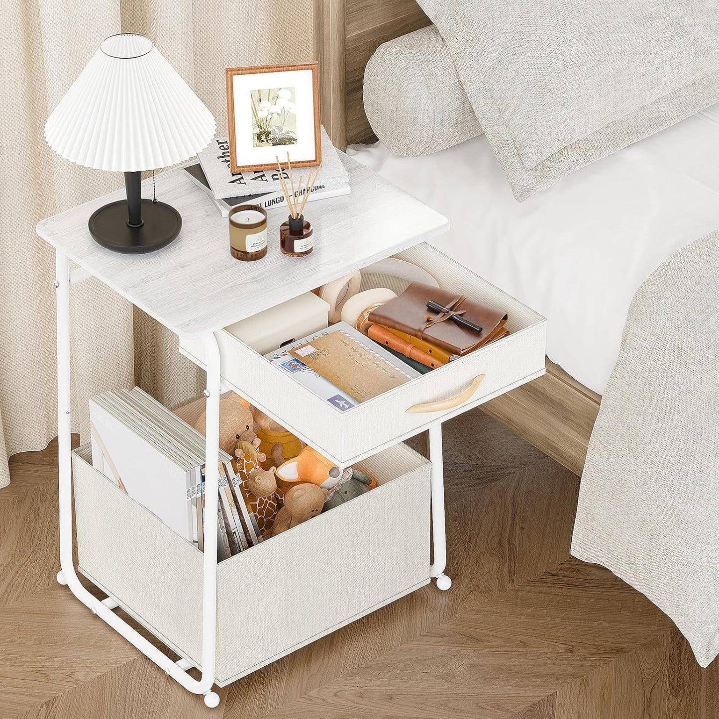 3-Tier Olldide Bedside Table with Storage, Modern Square Nightstand with Fabric Storage Basket & Drawers