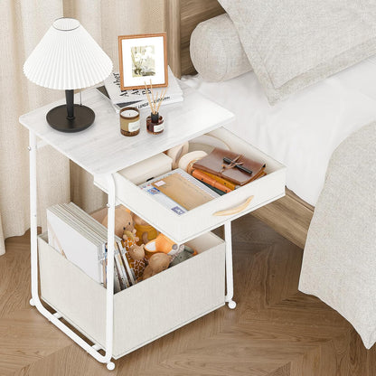 3-Tier Olldide Bedside Table with Storage, Modern Square Nightstand with Fabric Storage Basket & Drawers
