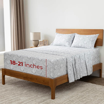 Mellanni Extra Deep Queen Sheets | 4 PC Hotel Luxury Bedding - Ultra Soft, Cooling, Wrinkle Resistant (Queen, Paisley Gray)