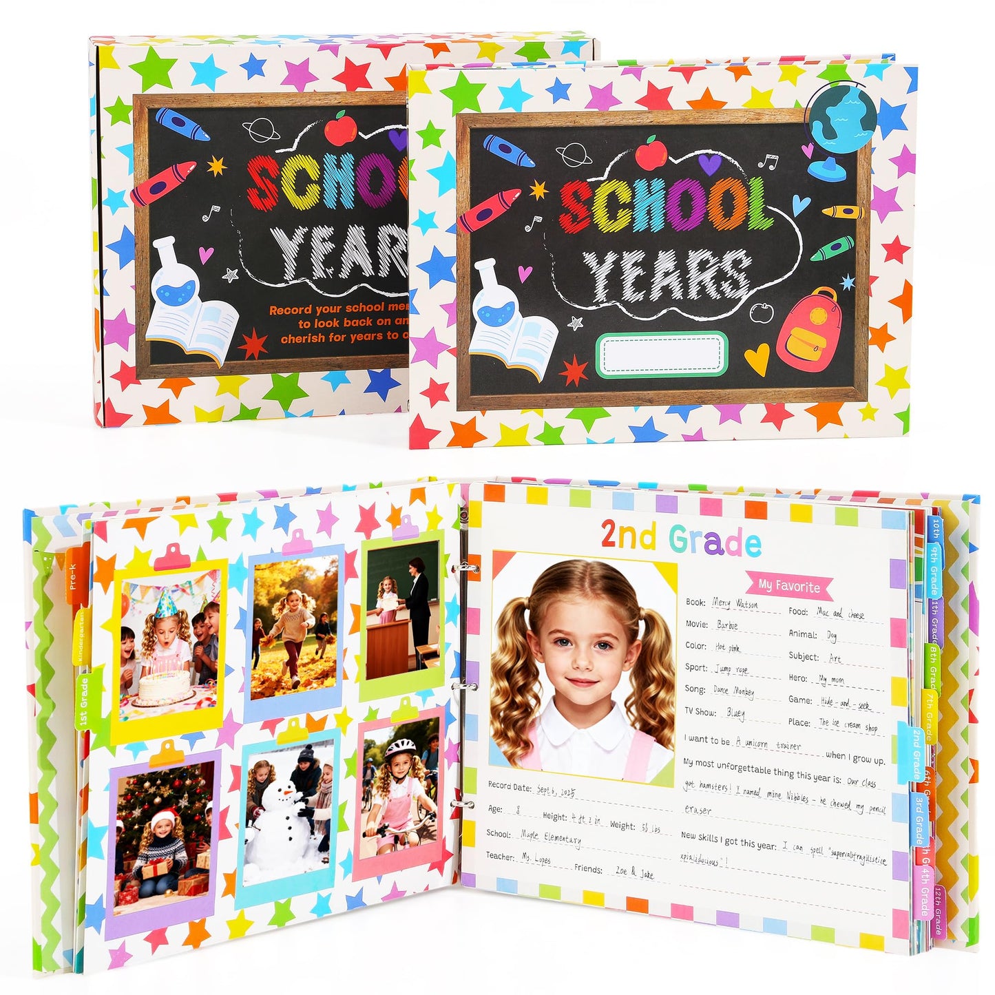 Scrapbooking Albums for Kids School Years Memory Book, Preschool to 12th Grade, 17 Pocket Pages for Photos & Artwork, Includes Birthday/Christmas/Halloween Pages, Index Tabs & Ruler, Gift-Ready Box