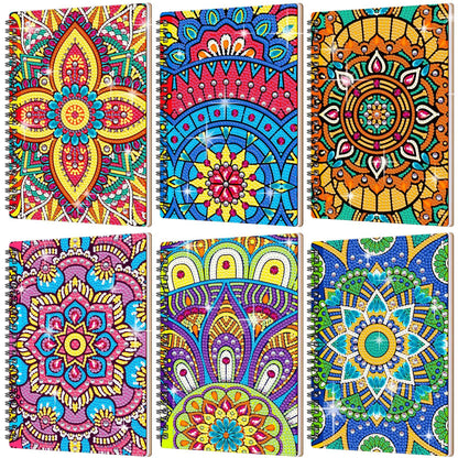 Fullhawl 6 Pack 5D DIY Diamond Art Notebook Kits for Adults Beginner A5 Leather Diamond Painting Gift for Women Art Cover Notepad Sketchbook Journal Crafts Accessories with Tool(Mandala)