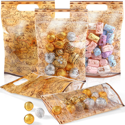Teenyyou 60 Pcs Pirate Goodie Bags Plastic Treasure Map Gift Bags Pirate Booty Candy Treat Handbags for Treasure Hunt Nautical Themed Halloween Birthday Party Favors Supplies