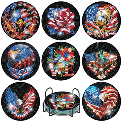 8 Pcs Ameriacn Flag Eagle Diamond Art Coasters Kits for Adults,DIY 4th of July Crystal Diamond Painting Coaster Kits with Holder, Independence Day Coasters Craft Supplies for Decor Gifts