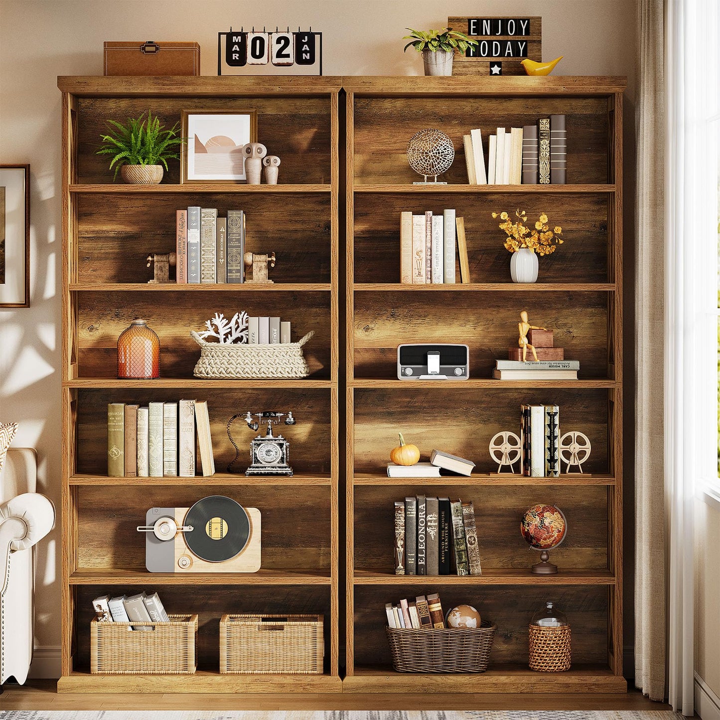 Tribesigns 6-Tier Bookshelf, 71 Inches Tall Freestanding Bookcase, Large Industrial Bookshelves Display Shelves, Wooden Book Shelf for Home Office, Living Room, Bed Room, Rustic Brown, 2pcs