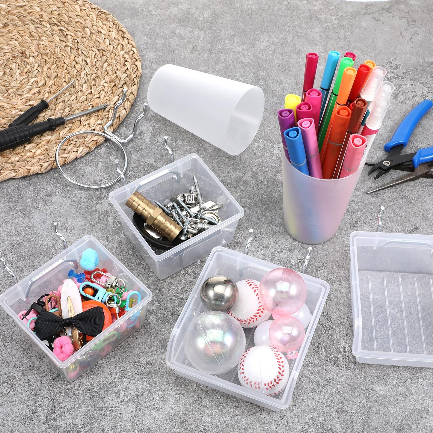 20 Pcs Pegboard Organizer Accessories Clear Peg Board Bins and Cups with Hooks and Loops Kit Pegboard Baskets Set for Craft Room Garage Workshop Workbench Office