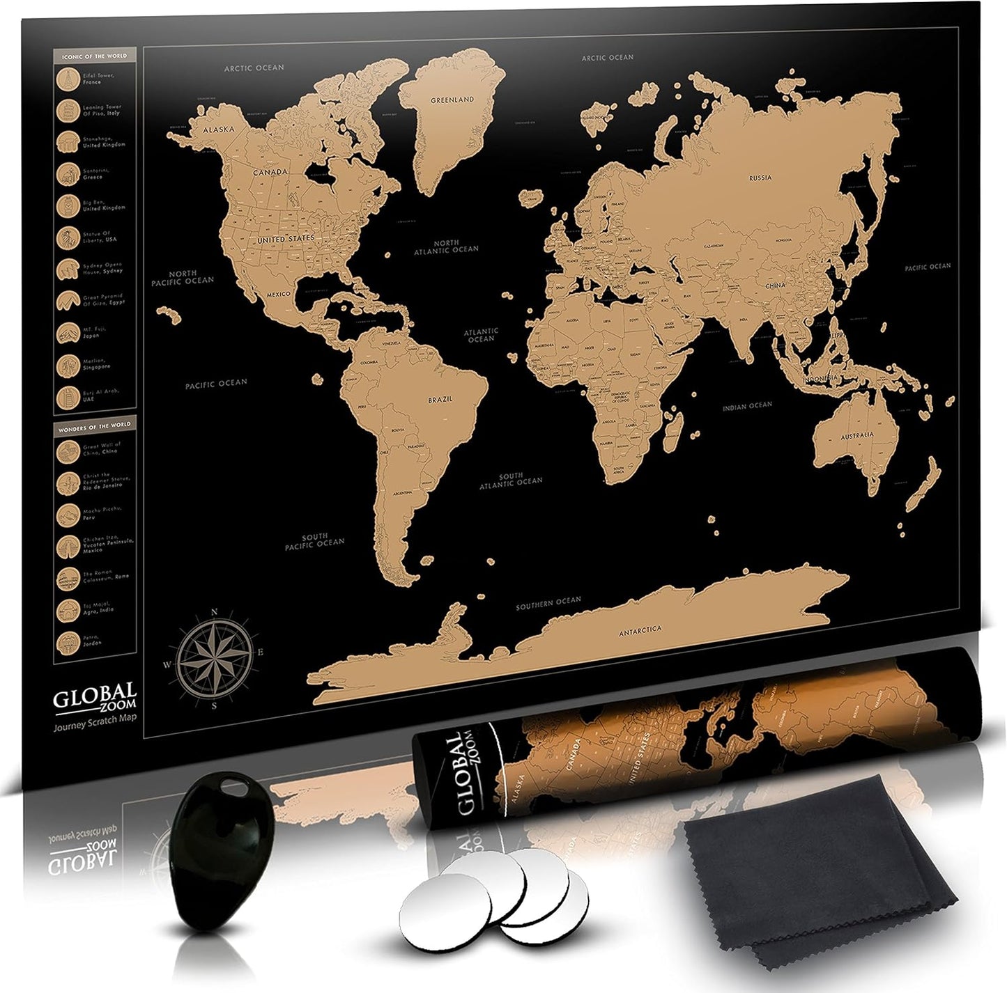 Scratch-Off World Map with US States, Track Travel Routes, Landmarks, Wonders - Laminated Large Poster (24"x36").