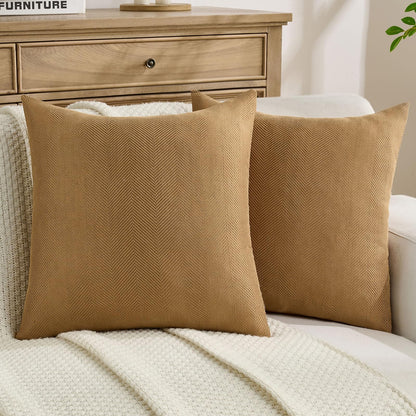 FUTEI Pack of 2 Chevron Chenille Throw Pillow Covers 18x18 Inch Soft Herringbone Textured Decorative Cushion Case Farmhouse Accent Pillows for Couch Bed Living Room, Camel