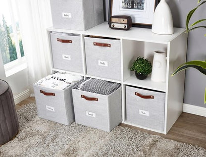DECOMOMO Storage Baskets - 13x15x13 Cube Bins with Labels for Organized Shelves | Light Texture Grey (4pcs)
