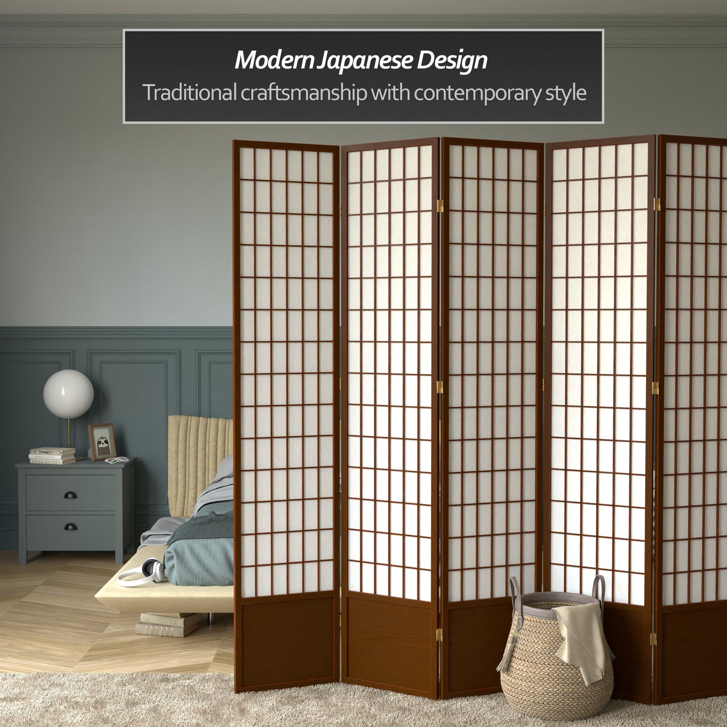 Oriental Furniture 7 ft. Tall Window Pane Shoji Screen - Walnut - 5 Panels