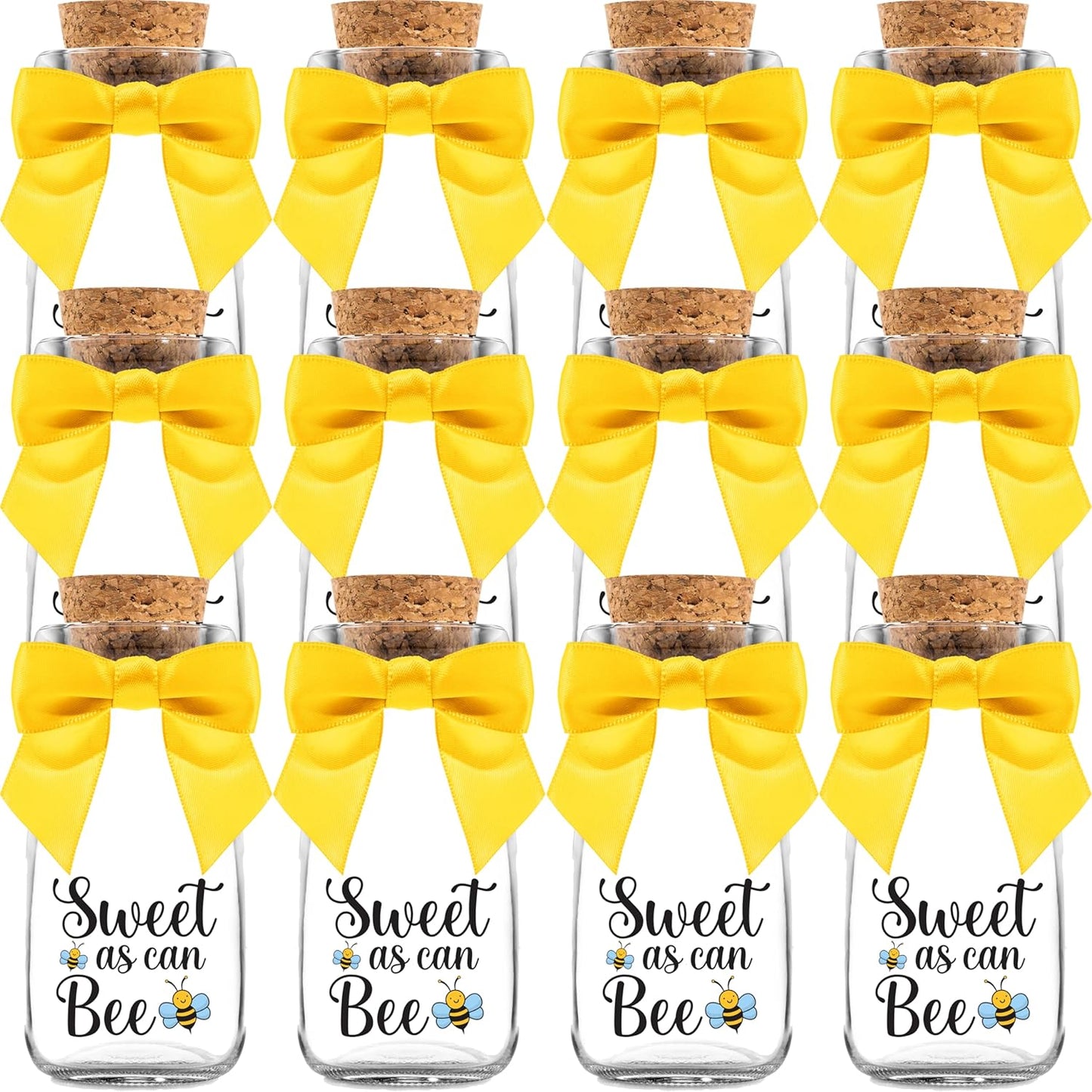 12 Pack Ethisa Vintage Bee Party Favor Glass Bottles with Ribbons and Stickers - Classy Baby Shower and Birthday