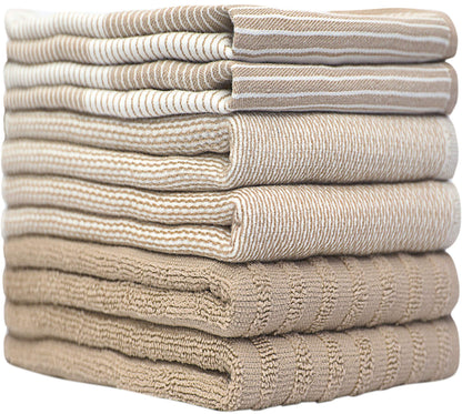Premium Kitchen Towels (20”x 28”, 6 Pack) | Large Cotton Kitchen Hand Towels | Flat & Terry Dish Towel | Highly Absorbent Tea Towels Set with Hanging Loop | Tan