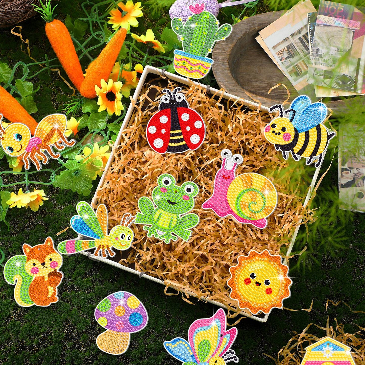 Frienda 24 Pcs Summer Diamond Painting Keychain Kits, 5d DIY Summer Diamond Art Animal Bee Frog Sun Ornaments Beginner Friendly Crafts for Family Decor Seasonal Gifts
