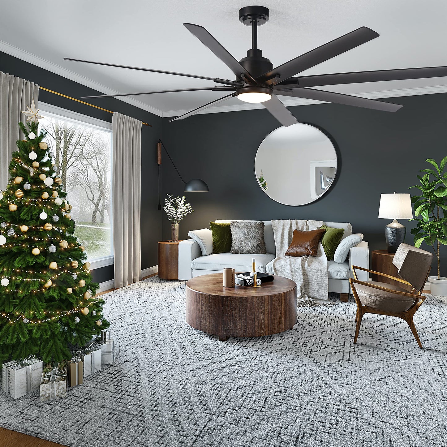 FINXIN Indoor Ceiling Fan Light Fixtures Black Remote LED 72 Ceiling Fans For Bedroom,Living Room,Dining Room Including DC Motor,8-Blades,Remote Switch