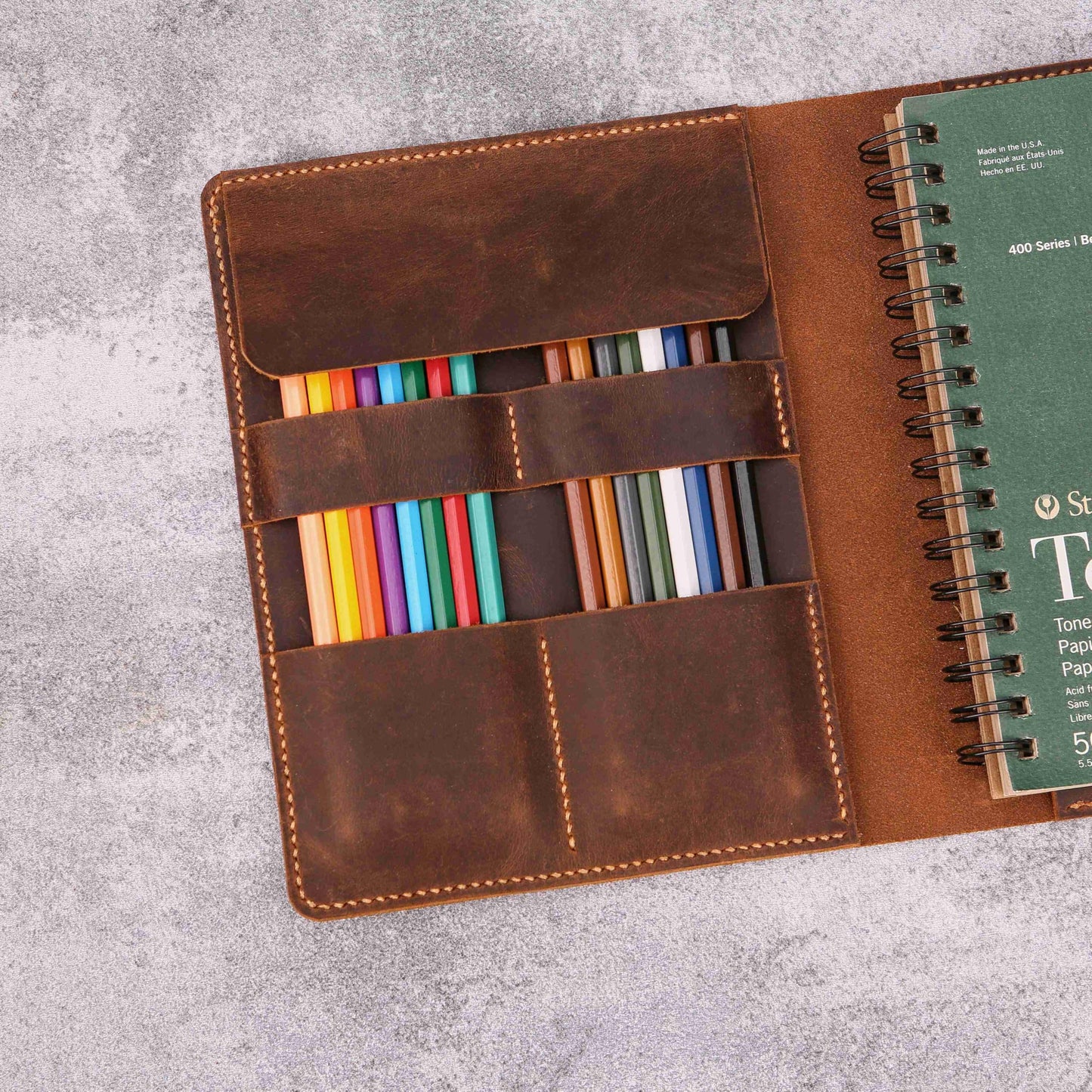 Leather Sketchbook Cover for 5.5" x 8.5" Sketchbook, Refillable A5 Full Grain Leather Artist Sketch Pad Cover with Pencil Holder and Storage Pocket, Handmade Travel Drawing Portfolio, Brown