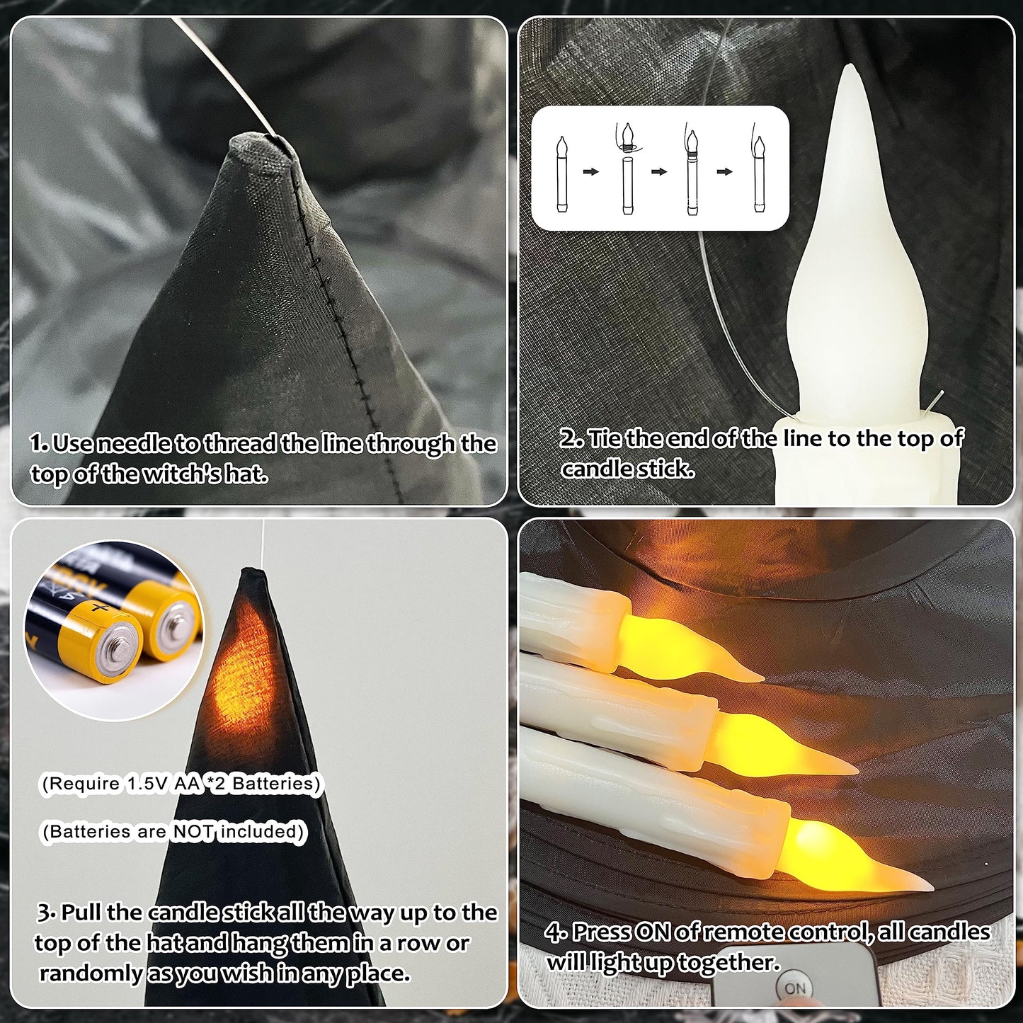 Black Halloween Witch Hat with Light Floating Light Up Witch Hats with Flameless Taper Candles (with Common Remote) 3D Bats Wall Stickers Decorations Witch Costume Accessory for Halloween Party