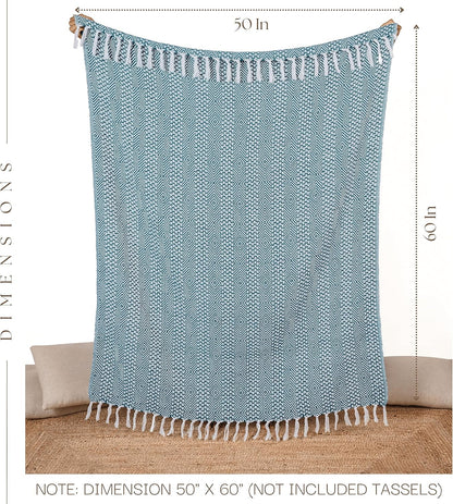 RAJRANG Rustic Throw Blanket - Decorative Tassel Cotton Throws, Geometric Woven Soft Patio Comfy Blankets Teal Blue