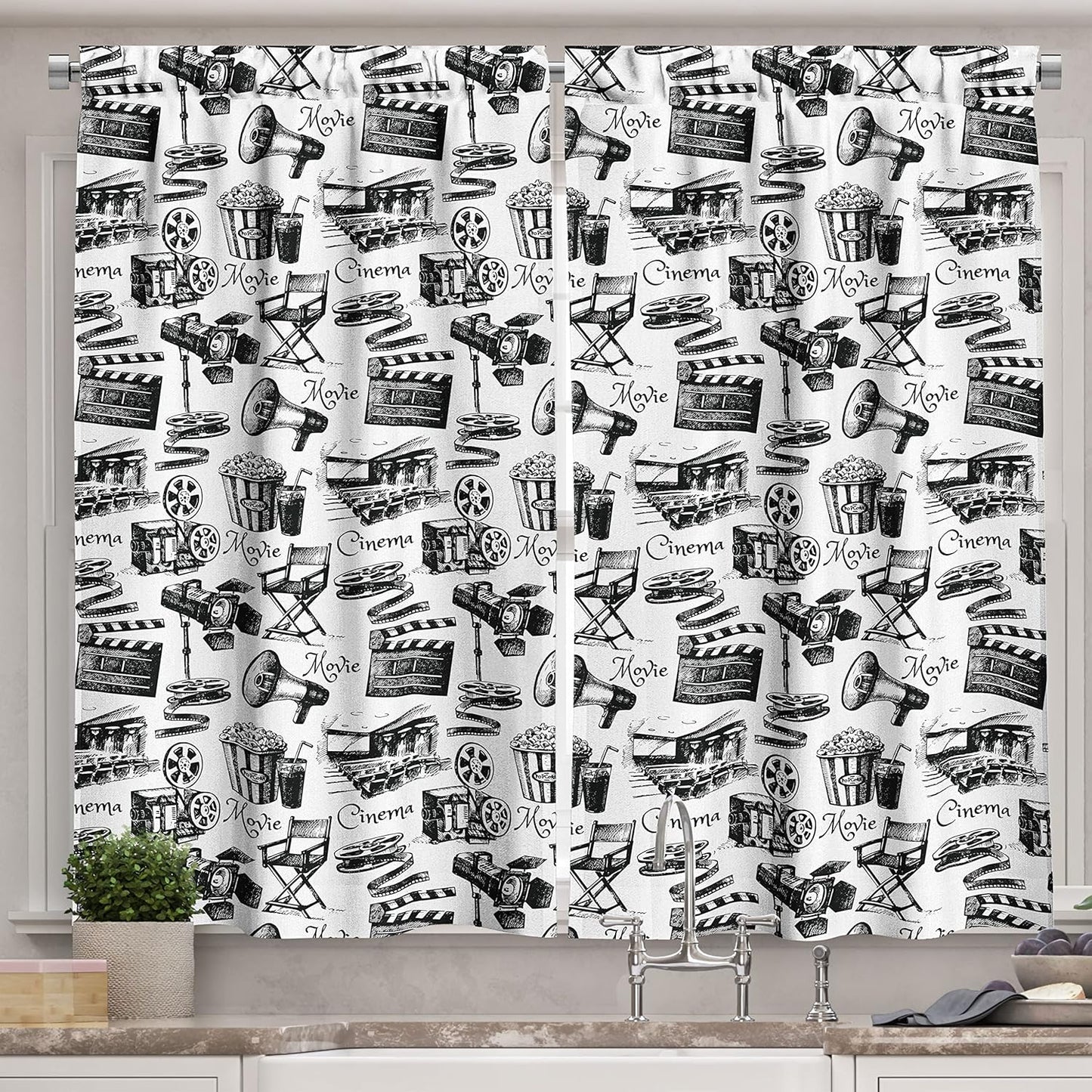 Ambesonne Movie Kitchen Curtains - Vintage Film Cinema Motion Camera Action Print, 2 Panel Set, 55" X 39"