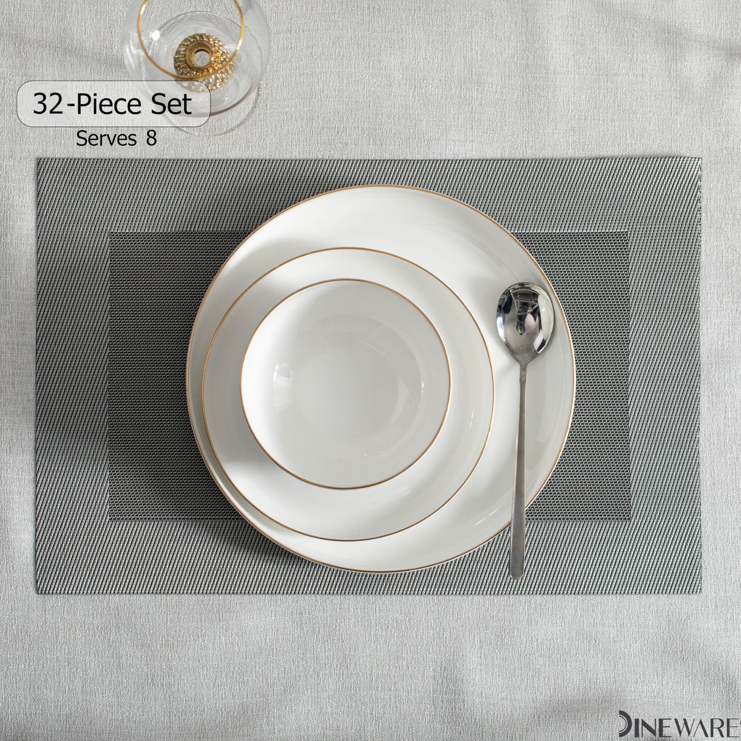 Perlaceo Luxurious Collection of 32-Piece White with Gold Rim Bone China Dinnerware Set - Lightweight and Durable - Service for 8, Including Dinner Plates, Salad Plates, and Cereal or Soup Bowls